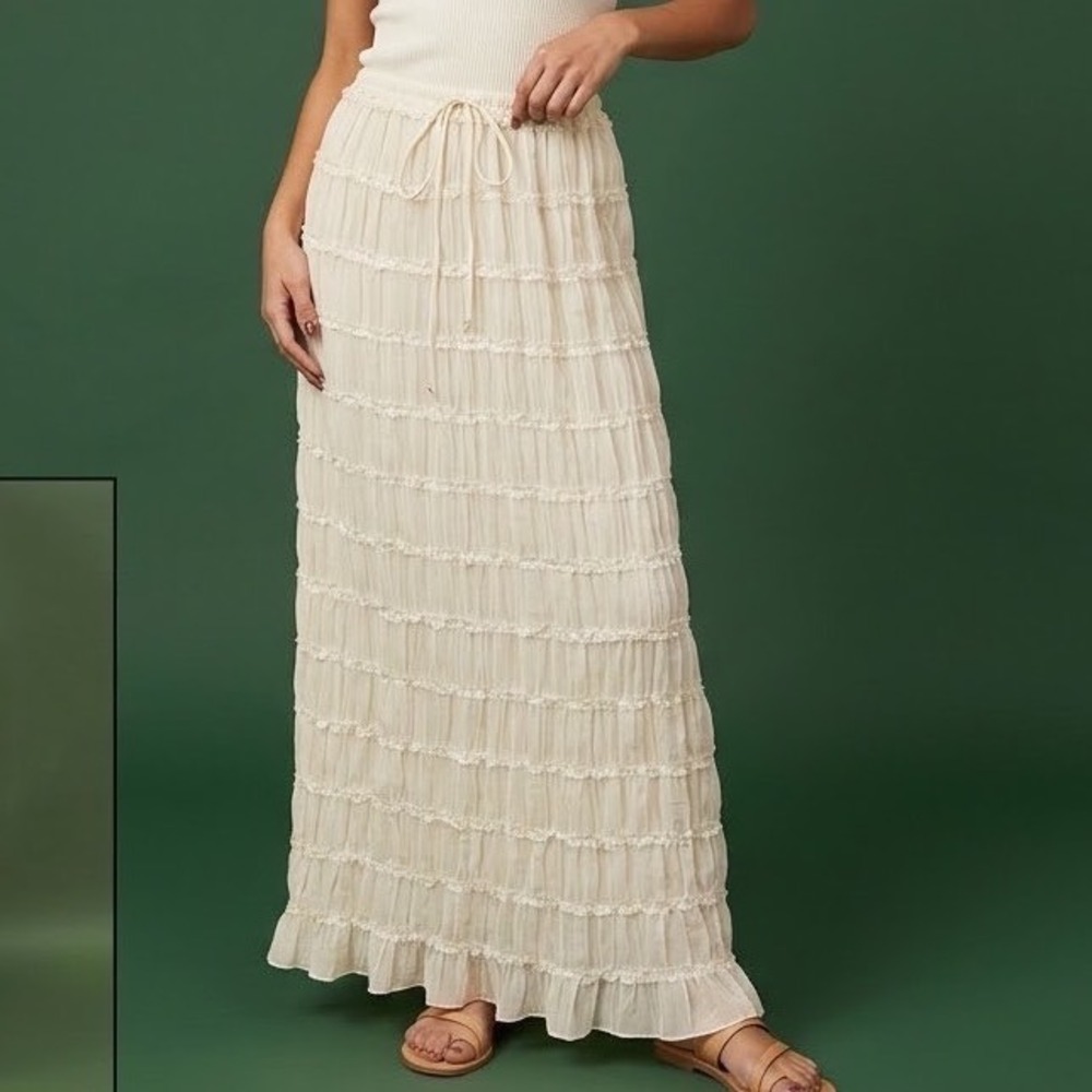 Romantic Cottagecore Tiered Ruffle Maxi Skirt Cream Sheer Lace Boho Coquette M